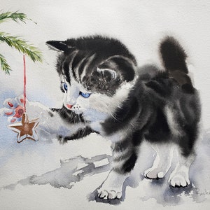 Original 10x14 Black and White Tabby Kitten Art Watercolor Painting Art Picture