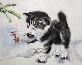 Original 10x14 Blanco y Negro Tabby Kitten Arte Acuarela Pintura Arte Imagen