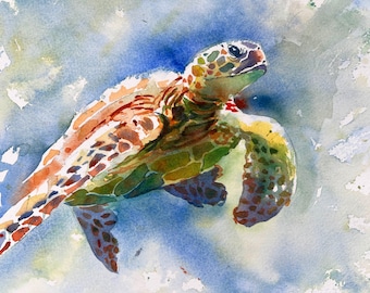 オリジナル水彩画、ウミガメの絵画、ウミガメの壁アート、海の動物の 