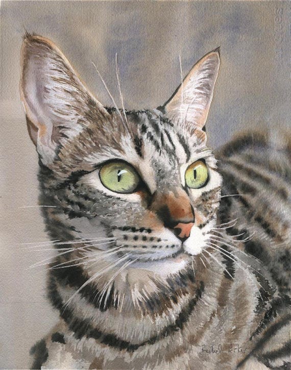 Tabby Cat Art Print of My Watercolor Painting Brown Gray Black