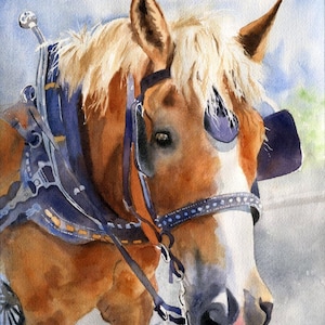 May include: Watercolor painting of a horse's head, featuring a light brown coat and a white face. The horse is wearing a blue and silver harness. The mane is a light blonde color. The background is a soft blue and white.