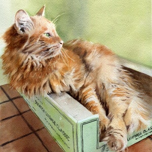 Tabby Cat Art Print of my watercolor painting Orange Marmalade Large Big Huge Canvas Custom Long Hair