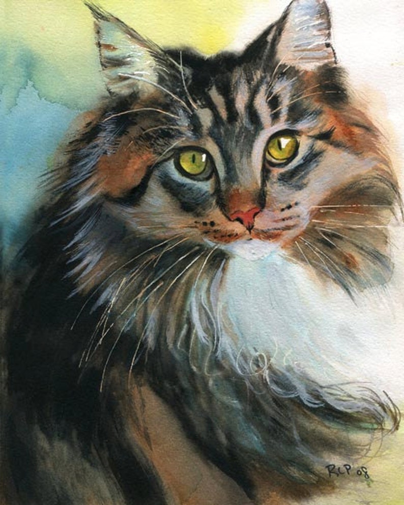 Maine Coon Tabby Cat Art Print of My Watercolor Painting Large Huge Big ...