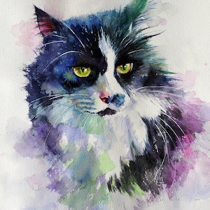 Tuxedo Cat art print Cat giclee Long Haired Cat Lover Gift Watercolor Painting Picture Decor