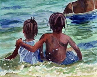 Black African American Child Children Boy Girl Beach art Print of my Watercolor Painting Caribbean Kids