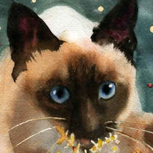 May include: Watercolor painting of a Siamese cat with striking blue eyes and a brown and cream coat. The cat is depicted in a close-up, with a detailed focus on its face and whiskers. The cat appears to be holding a small, yellow floral arrangement in its mouth.