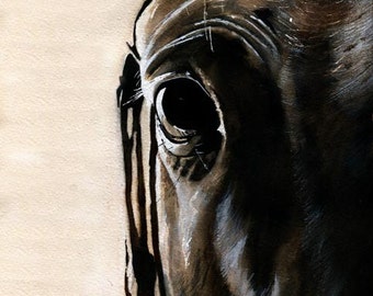 May include: A detailed watercolor painting of a horse's eye and part of its face. The horse's coat is a deep, rich black, with highlights of white. The eye is dark and expressive, with a hint of light reflecting in the pupil. The background is a soft, off-white.