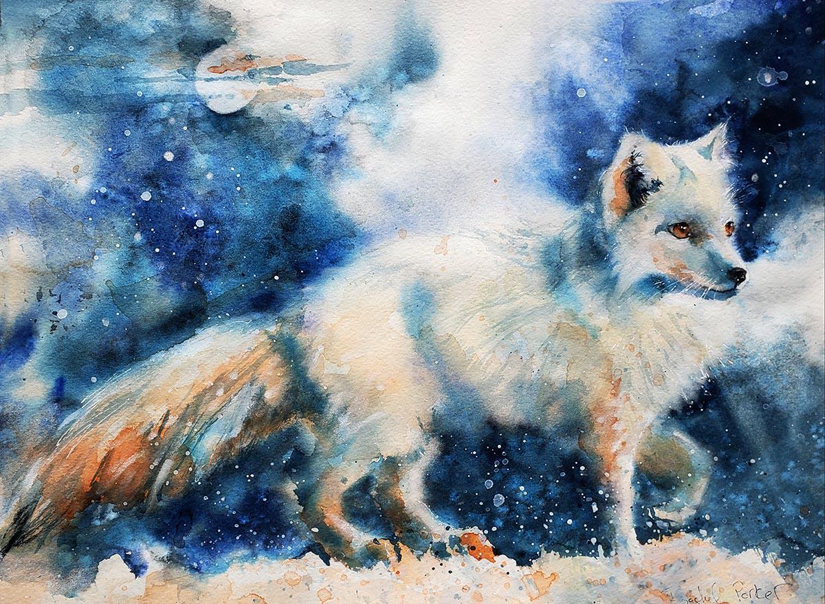 オリジナル 北極キツネ アート 水彩画 野生動物 装飾 白キツネ アート