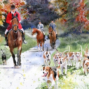 Giclee Foxhunt Thoroughbred Warmblood Hounds horse art watercolor Painting