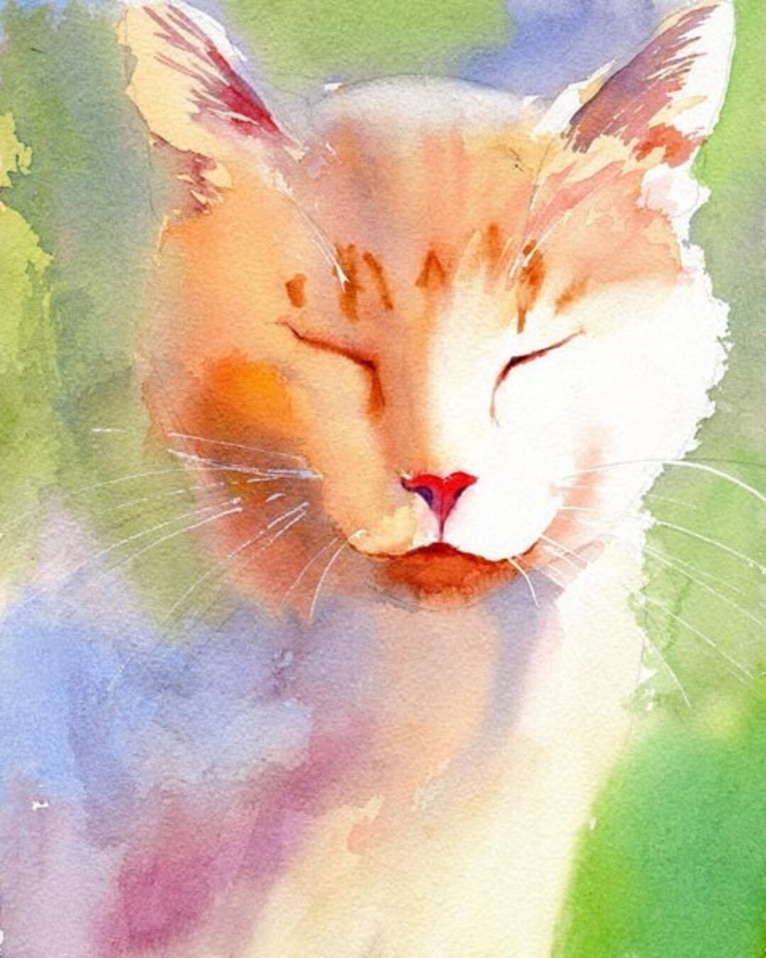 White Ginger Marmalade Tabby Cat Art Print of My Watercolor Painting
