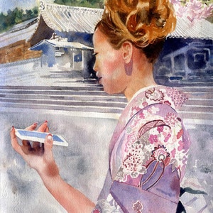Japanese Maiko Geiko Geisha Print of a watercolor Painting Big Large Huge Girls Teens Japan Culture Modern Cell Phone Lover Unique Gift