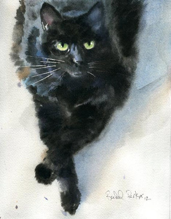 Giclee Print Black Cat Watercolor Painting art long hair pet portrait 8x10