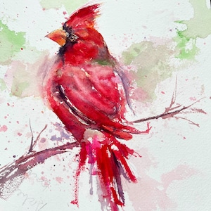 Original Loose Red Bird Cardinal Watercolor Painting Art picture wall decor