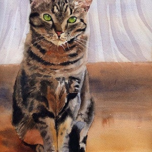 Brown Tabby Cat Art Print of my watercolor painting Artwork Artist huge large big hand painted custom giclee reproduction image 1