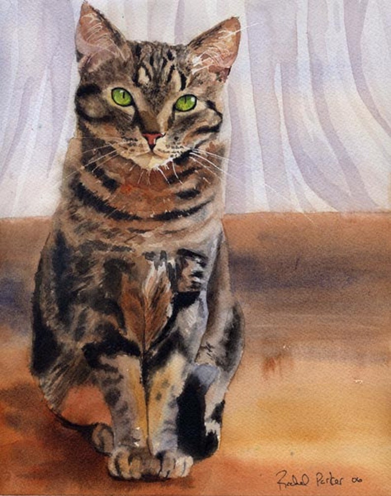 Brown Tabby Cat Art Print of my watercolor painting Artwork Artist huge large big hand painted custom giclee reproduction image 1