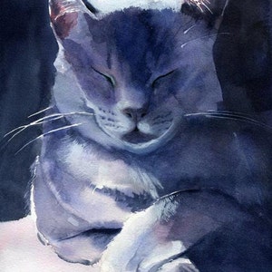 Grey Gray Cat Russian Blue art Print of watercolor painting Print of a watercolor Painting Big Large Huge Girls Teens Cat Lover Unique Gift