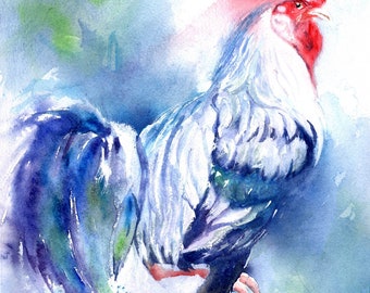 Rooster art Print of my watercolor painting farm realistic colorful huge big large impressionist custom hand painted handmade