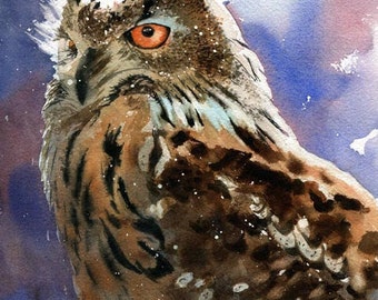 Owl Art Print of Watercolor painting of Owl - una reproducción