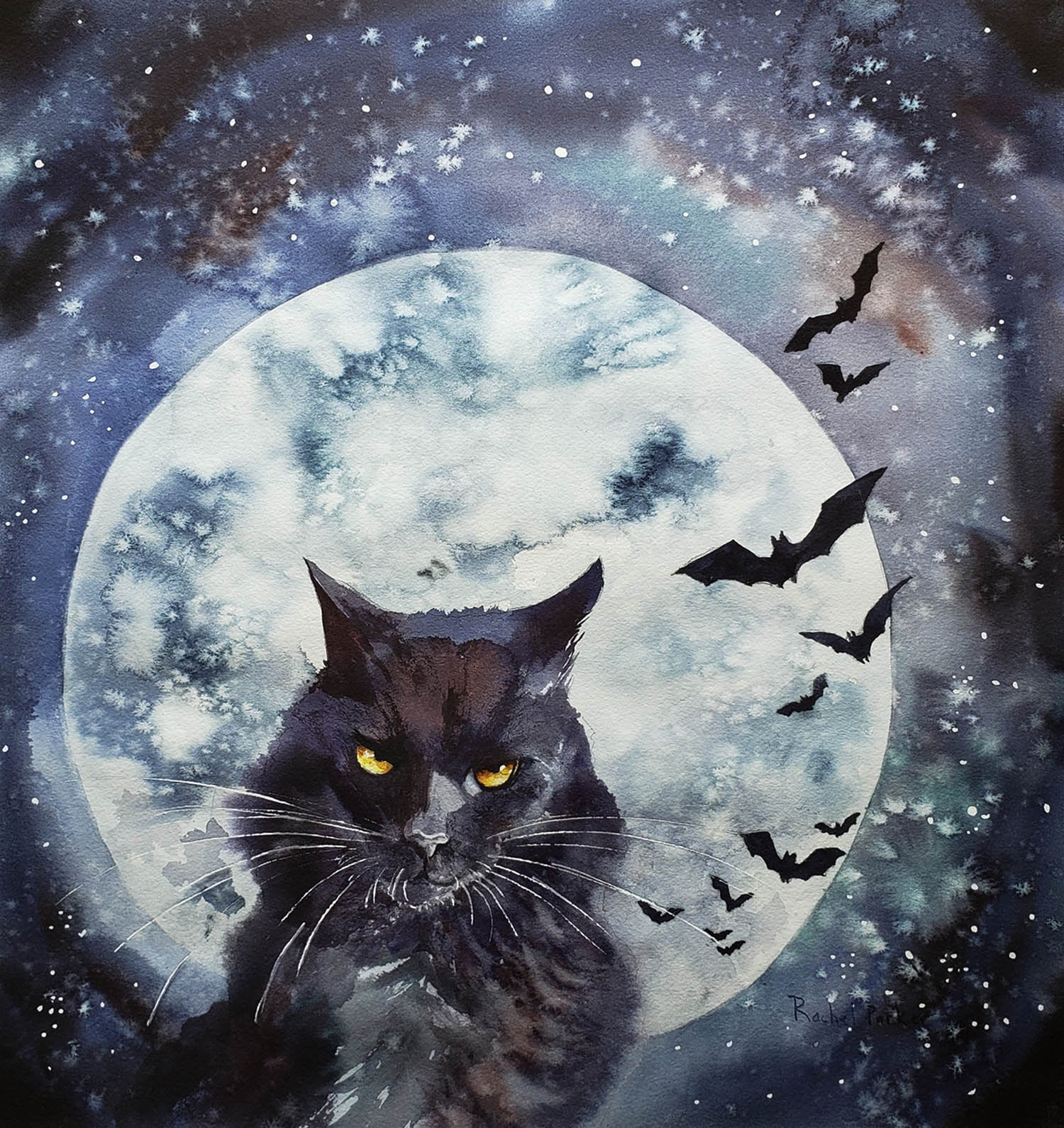 オリジナルの黒猫のハロウィーンアート リアルな水彩画 11x14 コウモリ