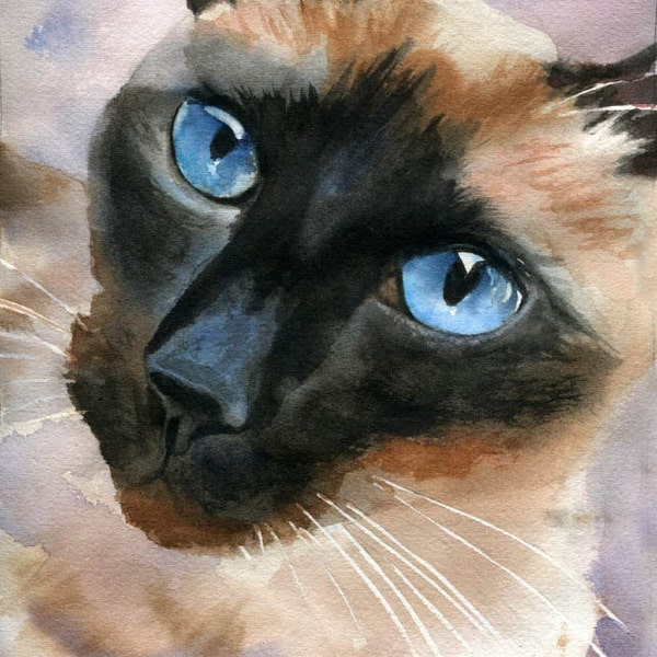 Siamese cat Art Print of a watercolor painting Big Large Huge Girls Teens Cat  Lover Unique Gift Chocolate Seal Point pet portrait custom