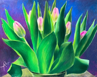 Tulips, Flowers, Spring Time, Pastel Painting, Drawing, Wall Decor, Home Decoration