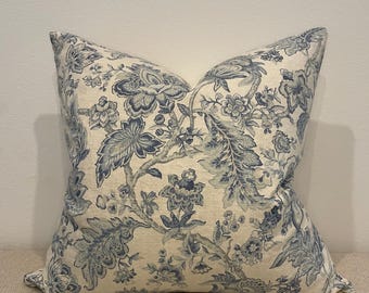 24in Blue Floral Linen Pillow Cover: Neutral Leaf Design
