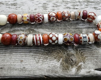 Artisan SRA Handmade Lampwork Glass Bead Necklace in Brown/ Ivory/ Topaz/ Burnt Siena