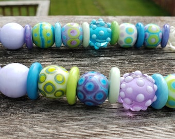 Artisan Handmade Lampwork Glass Beads Bead Necklace in Purples, Lime Green and Turquoise