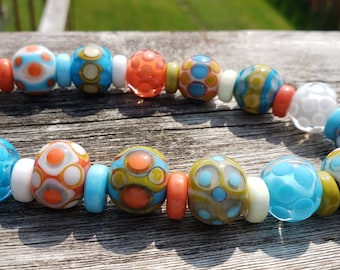 Artisan SRA Handmade Lampwork Glass Bead Necklace in Turquoise, Ivory, Coral and Wasabi Green