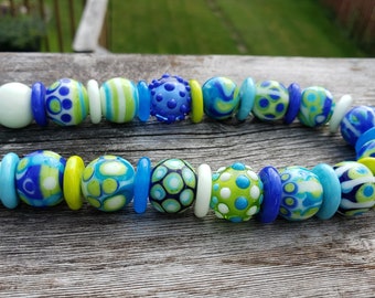 Artisan Handmade Lampwork  SRA Glass Bead Necklace in Turquoise in Blues, Turquoise and Lime Green