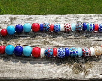 Artisan SRA Handmade Lampwork Glass Bead Bead Necklace in Turquoise, Ivory, Red, Navy, and Blue