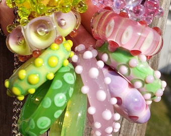 Bodacious Set of 10 Handmade Lampwork Glass Ring Beads in Watermelon tones of Lime Greens / Fuchsia Pinks
