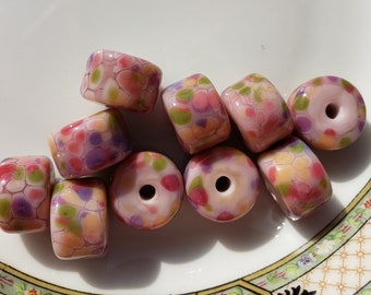 Set of Handmade Lampwork  SRA  Artisan Colorful Glass Beads Chunky Wheel Barrel shape Raspberry, Pink, Purple and Opal Yellow