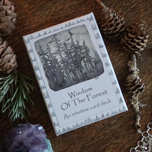 May include: An arrangement featuring a deck of cards titled "Wisdom Of The Forest," a purple amethyst crystal, pine cones, a lit candle, and a silver chain bracelet. The card deck has a forest scene illustration. The items are arranged on a wooden surface.