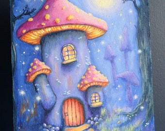 Original Champignon Cottage painting - Mushroom house oil painting