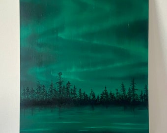 Dancing Into Infinity - Aurora Borealis Northern Lights Forest landscape oil painting