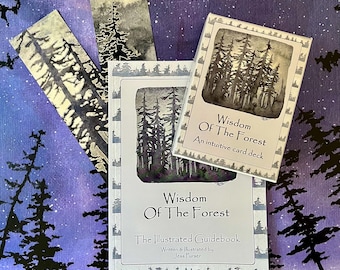 May include: An illustrated card deck and guidebook titled "Wisdom Of The Forest." The deck and book feature watercolor illustrations of pine trees. The text on the deck reads "An intuitive card deck." Bookmarks with tree illustrations are also visible.