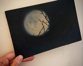 Original moon and winter tree painting - The Moon Is Not Very Far