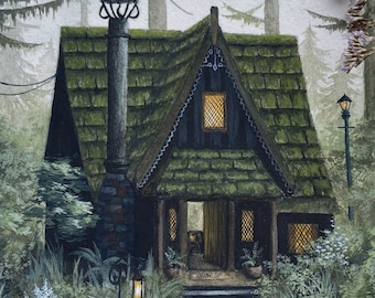 May include: A watercolor painting of a quaint cottage nestled in a misty forest. The cottage has a green moss-covered roof, a stone chimney, and a welcoming lit doorway. The text "JESS PURSER ART" is visible at the bottom.