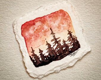 May include: Watercolor painting of a forest silhouette against a sunset sky. The artwork features a row of dark brown trees under a red and orange sky. The painting is on a textured, torn-edge paper.