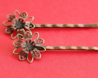 6pcs Antique Bronze Bobby Pins With Flower Pad