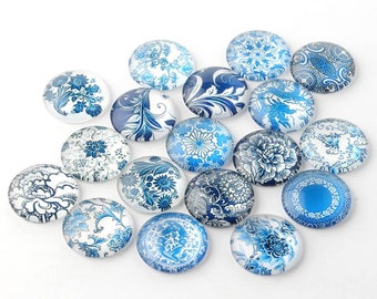 10pcs 16mm Glass Blue and White Floral Printed Dome Cabochon Cameo Cover Cabs GGLA-A002
