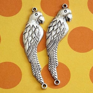 May include: Two silver parrot charms with detailed feather and wing designs. Each charm has a loop at the top and a ring at the bottom. The charms are displayed on a yellow background with large orange polka dots.