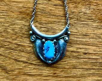 Turquoise and Sterling Silver Pendant Choker Necklace with Feathers