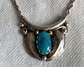 Turquoise and Sterling Silver Pendant Choker Necklace with Feathers