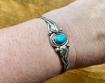 Turquoise and Sterling Silver Cuff Bracelet Navajo Style with Feathers