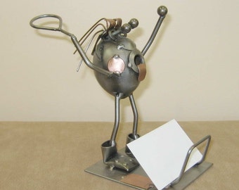 Tennis Player Business Card Holder - handmade metal sculpture, egghead style