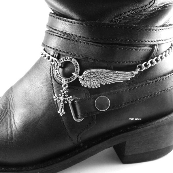 Croix et ailes d'ange Faith Hope BOOT Bracelet chaîne bijoux Bling motard cadeau rocker accessoire religieux Live Ride Road ange ORR Quoi