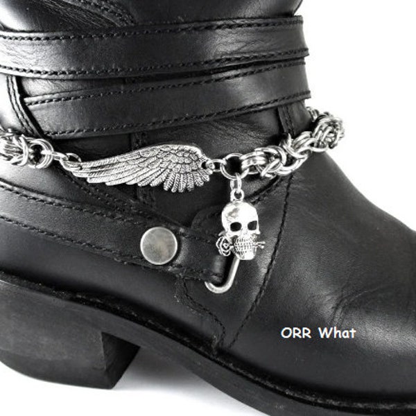 Skull Rose + Angel Wing Valentine BOOT Bracelet Byzantine Link Chain Custom Jewelry Biker Motorcycle Accessory Cross Skeleton Gift ORR What