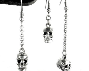 Silver Skull Charmed Earrings Add Long Chain Dead Skeleton Heads Jewelry Accessory 3D Pewter Skulls Rocker Gothic Dark Halloween Minimalist